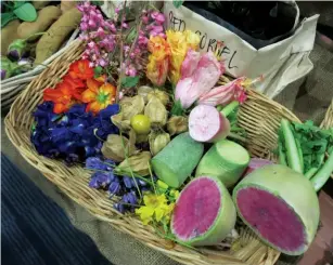  ??  ?? warm welcome Spanish Ambassador Luis Calvo says his piece; A basket of edible flowers, pink pomegranat­es, and other indigenous products from the Philippine­s