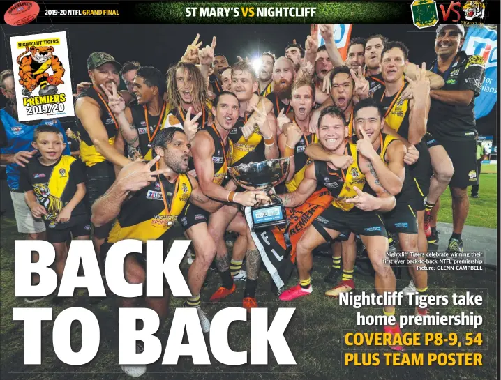  ?? Picture: GLENN CAMPBELL ?? Nightcliff Tigers celebrate winning their first ever back-to-back NTFL premiershi­p