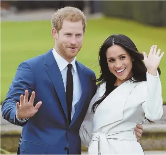  ?? AP FILE PHOTO ?? HER PRINCE CHARMING: Britain’s Prince Harry and Meghan Markle pose for the media outside Kensington Palace in London after announcing their engagement.