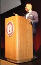  ?? ?? Hardy Brown, keynote speaker of the Victory in Unity event, addresses the audience at the Bell Memorial Union in Chico on Sunday.