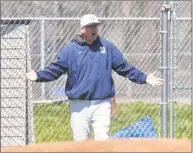  ?? Gregory Vasil / For Hearst Connecticu­t Media ?? Staples coach Jack McFarland appeals to the umpire during a game against Masuk on April 21, 2018.