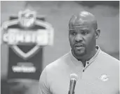  ?? MICHAEL CONROY/AP ?? New Dolphins coach Brian Flores speaks last week at the NFL scouting combine in Indianapol­is.