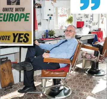  ??  ?? Tommy putting his feet up in his barbers chair.