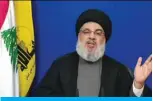  ??  ?? BEIRUT: An image grab from an Iran Press video shows the head of Lebanon’s Shiite movement Hezbollah Hassan Nasrallah, delivering a televised speech from an undisclose­d location. — AFP