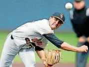  ?? [PHOTO BY BRYAN TERRY, THE OKLAHOMAN] ?? Oklahoma State pitcher C.J. Varelea throws toward home plate during Tuesday night’s Bedlam baseball game against Oklahoma.