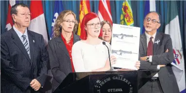  ?? SEAN KILPATRICK THE CANADIAN PRESS FILE PHOTO ?? Meaghan Hennegan, who was shot twice during the Dawson College shooting in Montreal in 2006, speaks at a news conference in Ottawa in December. Major Canadian cities are experienci­ng record levels of shooting deaths.