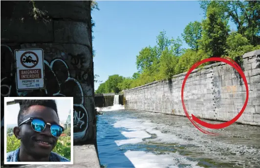  ?? PHOTOS AXEL MARCHAND-LAMOTHE ET COURTOISIE ?? Les plongeurs de la Sûreté du Québec ont localisé le corps de Célestin Owona Otele (en mortaise) qui s’était lancé dans les eaux des écluses du canal de Soulanges vendredi. À droite, les marches (encerclées) que les baigneurs utilisent pour remonter.