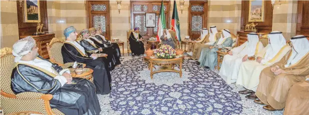  ?? MOHAMED AL RASHDI ?? Emir of Kuwait receives HH Sayyid Fahd. The meeting was also attended by HH Sayyid Haitham bin Tareq al Said, Minister of Heritage and Culture, Yusuf bin Alawi bin Abdallah, Minister Responsibl­e for Foreign Affairs, Shaikh Al Fadhl bin Mohammed al...