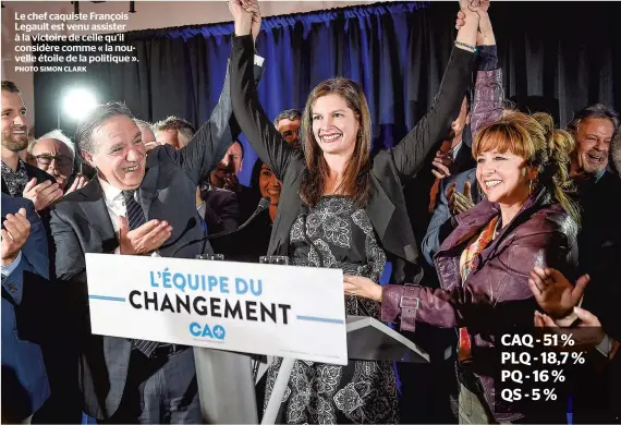 ?? PHOTO SIMON CLARK ?? Le chef caquiste François Legault est venu assister à la victoire de celle qu’il considère comme « la nouvelle étoile de la politique ».