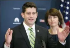  ?? CLIFF OWEN — THE ASSOCIATED PRESS ?? In this photo, House Speaker Paul Ryan of Wis., accompanie­d by Rep. Cathy McMorris Rodgers, R-Wash., speaks to reporters on Capitol Hill in Washington. A government-wide spending bill that President Donald Trump seemed to criticize Tuesday morning but...