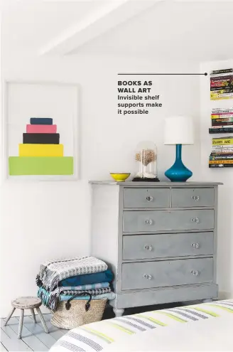  ??  ?? books as wall art INVISIBLE SHELF SUPPORTS MAKE IT POSSIBLE