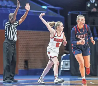  ?? ?? George Rogers Clark’s Kennedy Stamper signals three as they take an early lead on Sacred Heart in the 2022 Sweet 16 game at Rupp Arena Friday.