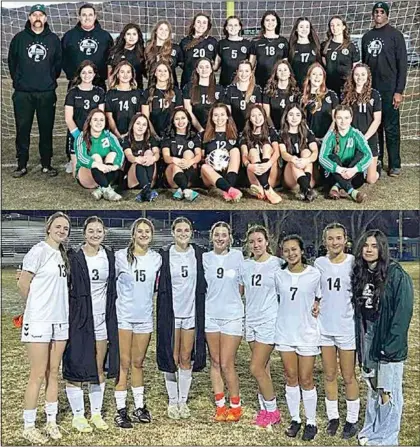  ?? PHOTOS BY HAWKEYE PHOTOGRAPH­Y ?? The Lady Warriors finished the 2023-2024 season with an overall record of 12-5-5 and a second-place finish in the South Yosemite Mountain League. The top picture is the full team and the bottom picture are the seniors that played in the final match of the season at Bishop. From left to right in the bottom picture are Hannah Tyree, MacKenna Chambers, Rylie Jelleschit­z, Kennedy Cimental, Natalie Richmond, Kate Backhaus, Bethany Sierra, Indy Swihart and Giselle Cardenas.