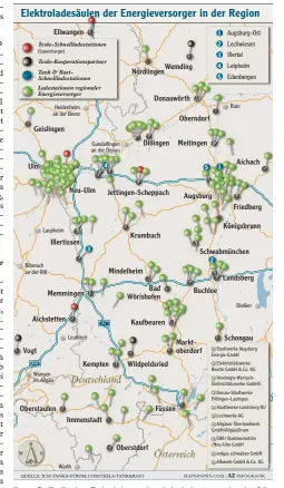  ??  ?? Unsere Grafik gibt einen Eindruck davon, wie weit das Ladenetz ausgebaut ist. Grün sind alle Ladesäulen regionaler Energiever­sorger. Rot sind die Tesla Ladesäulen, blau jene von Tank & Rast an den Autobahnen. Daneben kann es Ladesäulen dritter An...