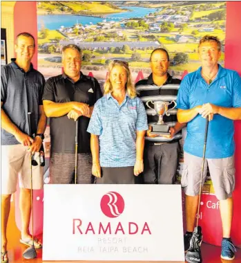  ??  ?? Jackie Thompson (middle) presents Kerikeri with the team trophy at the final leg of the NZPGA’s Northern Swing series at Waitangi last Thursday. From left: Hayden Clark, Colin Taylor, Troy Ropiha and Alistair Hargrove.