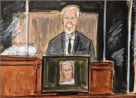  ?? ELIZABETH WILLIAMS / ASSOCIATED PRESS ?? In this courtroom sketch, Lawrence Paul Visoski Jr., who was one of Jeffrey Epstein’s pilots, testifies on the witness stand during Ghislaine Maxwell’s sex traffickin­g trial, Monday in New York.