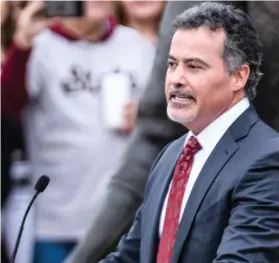  ?? (Photo by Cody Jenkins, SDN file) ?? Rafael Palmeiro speaks on Friday afternoon during the Thunder and Lightning statue unveiling ceremony at Mississipp­i State's Dudy Noble Field, Polk-dement Stadium.