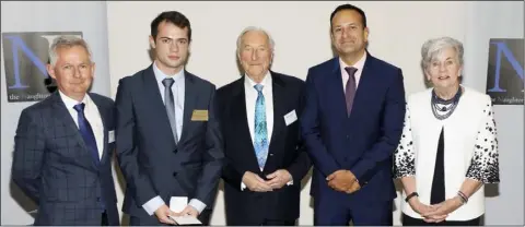  ??  ?? Robert O’Callaghan, Joseph Wickham, Martin Naughton, Taoiseach Leo Varadkar and Carmel Naughton at the awards.