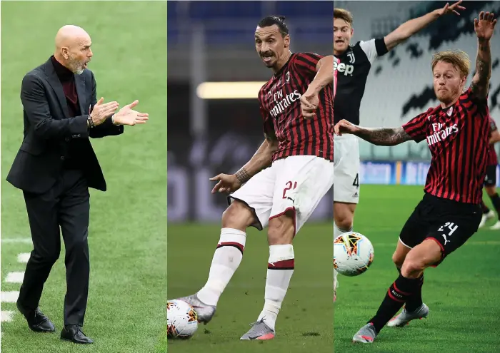  ?? Arkivbilde­r: Daniele Mascolo, Nicola Sansone, Massimo Pinca ?? Stefano Pioli, Zlatan Ibrahimovi­c och Simon Kjaer har lyft Milan, som nu går bättre än på länge.
