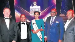  ??  ?? At the Township Entreprene­ur Awards at Carnival City were Sun Internatio­nal boss Anthony Leeming, Ekurhuleni mayor Mzwandile Masina, Miss World SA Thulisa Keyi, Gauteng premier David Makhura and MEC Lebogang Maile.