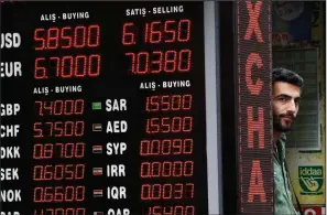  ?? AP/LEFTERIS PITARAKIS ?? A shop owner stands next to a currency exchange Friday in Istanbul. Turkey’s lira fell once again as Turkey and the United States exchanged new threats of sanctions Friday.