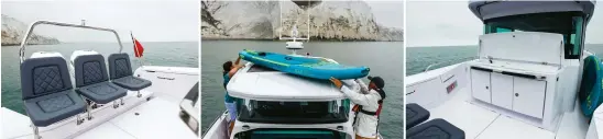  ??  ?? L E F T The seat bases flip up and are held in place by a strap MIDDLE Our test boat didn’t have the option but you can spec a roof rack for boards and bikes RIGHT The board fitted snugly down the 37’s side deck