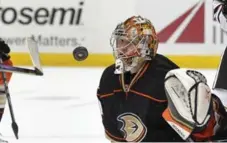  ?? MARK J. TERRILL/THE ASSOCIATED PRESS ?? Ducks goalie Frederik Andersen stops a shot during the third period in Game 1 against the Blackhawks on Sunday. The Ducks won 4-1.