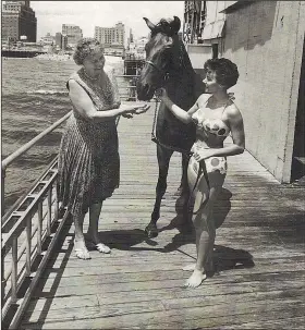  ?? Photo courtesy Ann Miles ?? At the Steel Pier in the 1960s, Ann Miles (right) and the diving horse Gamal chat with Lorena Carver (1886-1981).