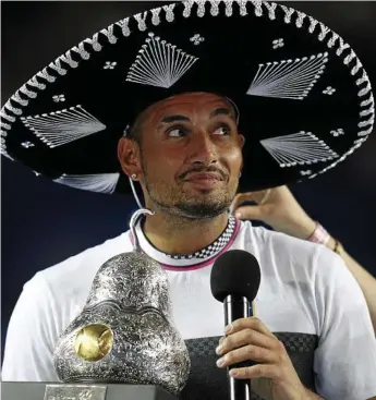  ?? Photo: Rebecca Blackwell ?? WINNING EFFORT: Australia’s Nick Kyrgios celebrates his Mexican Tennis Open final win against Germany’s Alexander Zverev.