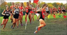  ?? BOB RAINES — DIGITAL FIRST MEDIA ?? Annie Glodek (Perkiomen Valley) leads early in the race in the girls PAC-10 cross country championsh­ip at Heebner Park in Worcester Oct. 20.