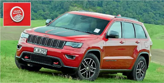  ??  ?? New Trailhawk model is Grand Cherokee in max-attack off-road mode. Note anti-glare bonnet, tow hooks. Inset: Jeep stresses that ‘Trail Rated’ is not just a badge. Although it is also actually a badge.