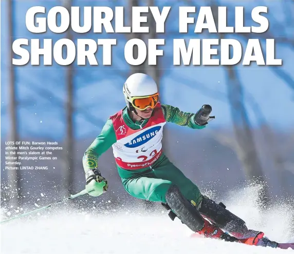  ?? Picture: LINTAO ZHANG ?? LOTS OF FUN: Barwon Heads athlete Mitch Gourley competes in the men's slalom at the Winter Paralympic Games on Saturday.