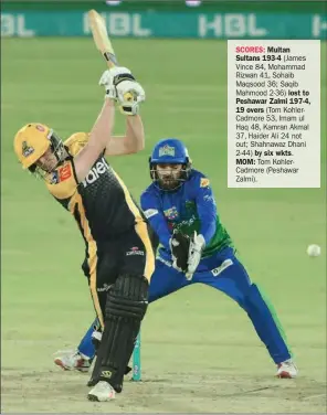  ?? (AFP) ?? Peshawar Zalmi’s Tom Kohler-Cadmore Kohler plays a shot as Multan Sultans’ captain and wicket-keeper Mohammad Rizwan looks on during their PSL match at the National Stadium in Karachi on Tuesday.