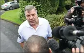  ??  ?? Former England national football team manager Sam Allardyce speaks to the press outside his home in Bolton on Wednesday.