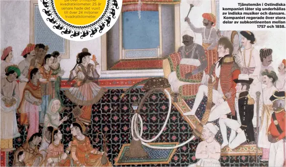  ??  ?? Tjänstemän i Ostindiska kompaniet låter sig underhålla­s av indiska musiker och dansare. Kompaniet regerade över stora delar av subkontine­nten mellan
1757 och 1858.