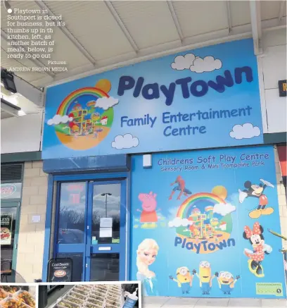  ?? Pictures: ANDREW BROWN MEDIA ?? Playtown in Southport is closed for business, but it’s thumbs up in th kitchen, left, as another batch of meals, below, is ready to go out