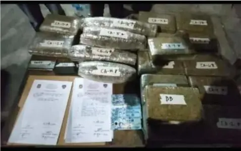  ?? EVIDENCE. (Malolos City PNP) ?? Twenty bricks of dried marijuana leaves with a street value of P2.8 million, mobile phones, and bust-buy money were seized in an anti-illegal drug operation in Barangay Panasahan, Malolos City, Bulacan on Saturday night (Jan. 29, 2022). Another buy-bust operation in the City of San Jose Del Monte yielded 50 grams of shabu with an estimated worth of P400,000.