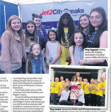  ??  ?? Pop legend Sinitta meets the finalists backstage including winner Millie McGinnes Top team Roseanne Ratter and the team from the Holiday and Flight Centre who hosted the singing contest as part of their Family Man Day at Hamilton Races