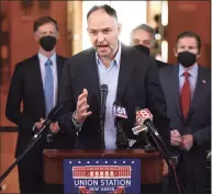  ?? Arnold Gold / Hearst Connecticu­t Media ?? Stephen Gardner, president and CEO of Amtrak, speaks about the future of rail in Connecticu­t in a press conference at Union Station in New Haven on Jan. 21.