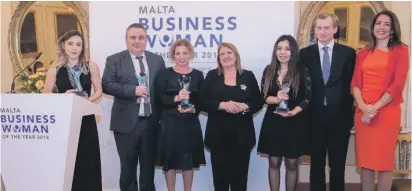  ??  ?? (From left to right) Amanda Xuereb – Winner of the Young Businesswo­man Award; Edwin Borg, CEO Tigné Mall p.l.c. – Company Award for Excellence in the Promotion of Women; Natalie Briffa Farrugia – Winner of the Malta Businesswo­man of the Year 2018; President Marie-Louise Coleiro Preca; Ylenia Mifsud (on behalf of Isabella Mifsud) – Inspiring Role Model Award; Andrew Beane – CEO HSBC Bank Malta p.l.c.; Sonia Hernandez – Chair of Judging Panel