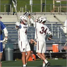  ?? PETE BANNAN - MEDIANEWS GROUP ?? Will Kaplan, left, and Owen Knight celebrate one of the nine first quarter Radnor goals Thursday night en route to a District 1 Class 3A win over Kennett.