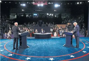  ?? JIM BOURG GETTY IMAGES POOL ?? Democratic presidenti­al candidate Joe Biden, left, and President Donald Trump participat­e in the final presidenti­al debate at Belmont University in Nashville, Tenn. on Thursday. The debate was a welcome change for Canadians concerned about chaos if the U.S. election results in two weeks’ time are indecisive, Heather Scoffield writes.