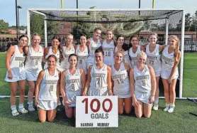  ?? SUBMITTED ?? Doherty’s Hannah Murray, bottom row-center, is surrounded by teammates as they celebrate her 100th career goal for the Highlander­s on Friday.