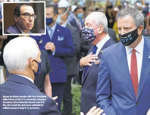  ??  ?? Mayor de Blasio speaks with Vice President Mike Pence at the 9/11 memorial. Treasury Secretary Steve Mnuchin (inset) says it is the city’s fault the feds have withheld $4 million meant to help 9/11 survivors.