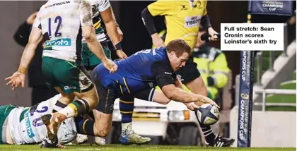  ??  ?? Full stretch: Sean Cronin scores Leinster’s sixth try