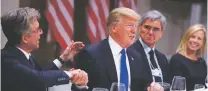  ?? EVAN VUCCI/THE ASSOCIATED PRESS ?? President Donald Trump listens during a dinner Thursday with European business leaders at the World Economic Forum in Davos, Switzerlan­d. From left, SAP CEO Bill McDermott, Trump, CEO of Seimens Joe Kaeser and U.S. Homeland Security Secretary Kirstjen...