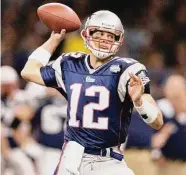  ?? Ezra Shaw/TNS ?? Quarterbac­k Tom Brady of the New England Patriots throws a pass during the game against the St. Louis Rams at Superbowl XXXVI at the Superdome in New Orleans on Feb. 3, 2002.