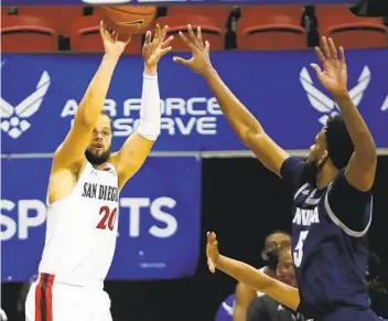  ?? K.C. ALFRED U-T ?? With Jordan Schakel (20) and Terrence Gomez, the Aztecs have two of the most accurate 3-point shooters.