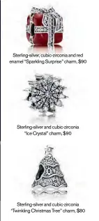  ??  ?? Sterling-silver, cubic-zirconia and red enamel “Sparkling Surprise” charm, $90 Sterling-silver and cubic-zirconia
“Ice Crystal” charm, $90
Sterling-silver and cubic-zirconia “Twinkling Christmas Tree” charm, $80