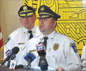  ?? PETE BANNAN — DIGITAL FIRST MEDIA ?? Chester police Chief James Nolan speaks about the shooting at Sixth and Highland on Tuesday.